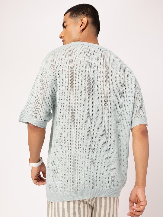 ice blue breezy basic geometric open knit oversized t shirt ice blue breezy basic geometric open knit oversized t shirt