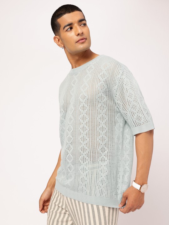 ice blue breezy basic geometric open knit oversized t shirt ice blue breezy basic geometric open knit oversized t shirt