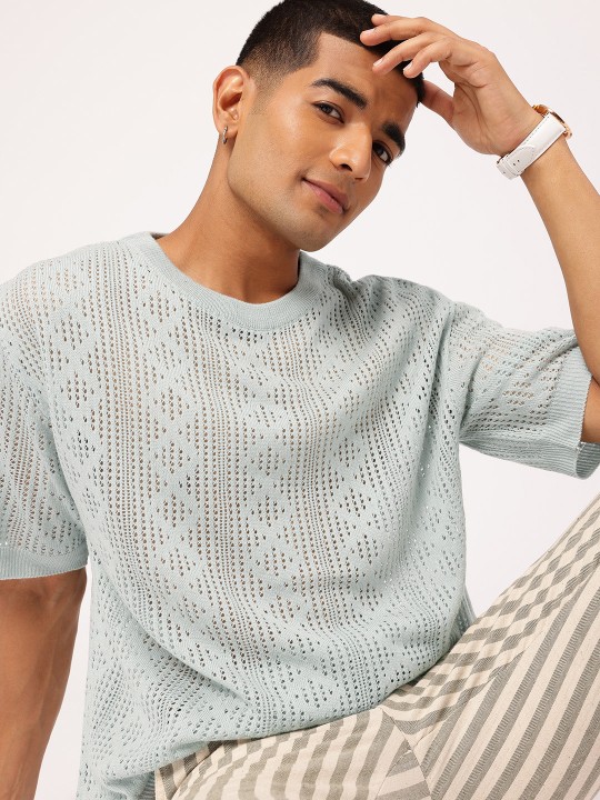 ice blue breezy basic geometric open knit oversized t shirt ice blue breezy basic geometric open knit oversized t shirt