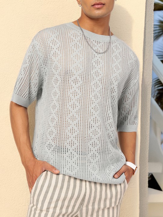 ice blue breezy basic geometric open knit oversized t shirt ice blue breezy basic geometric open knit oversized t shirt