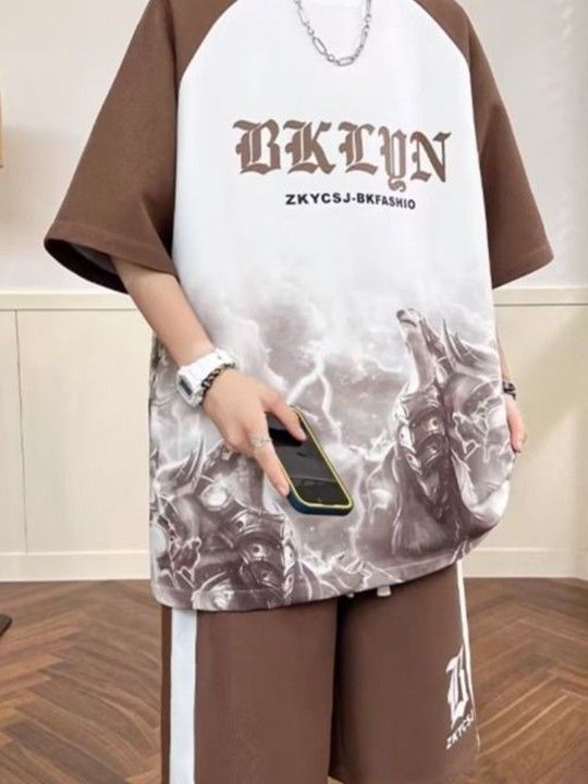 brown graphic printed extended sleeves casual t shirt & shorts brown graphic printed extended sleeves casual t shirt & shorts